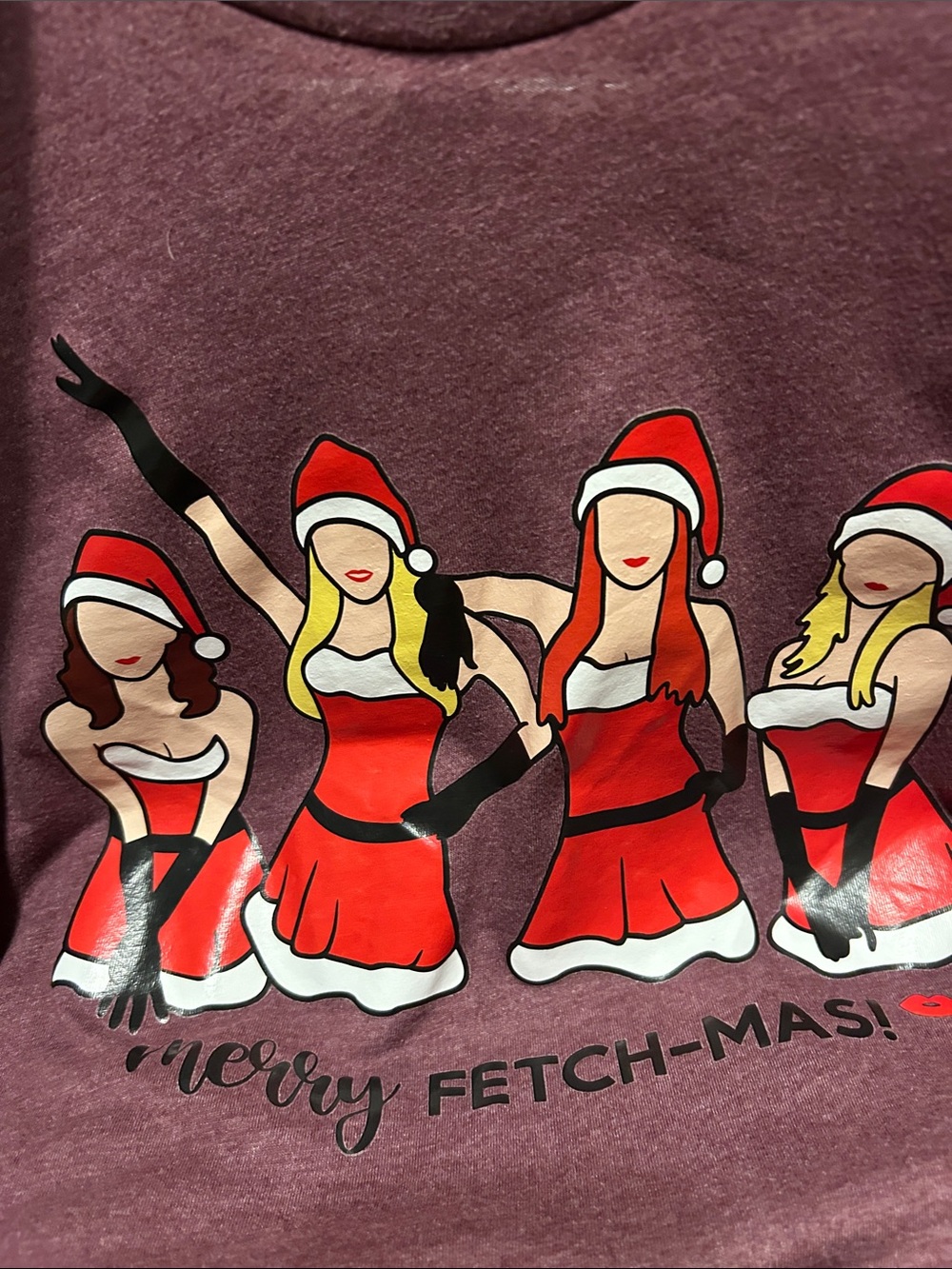 Bella Canvas Maroon Women's Short Sleeve Tee with Red Santa Girl Graphic